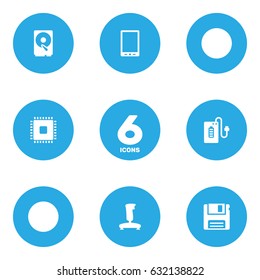 Set Of 6 Laptop Icons Set.Collection Of Hard Disk, Microprocessor, Joystick And Other Elements.