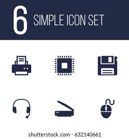 Set Of 6 Laptop Icons Set.Collection Of Microprocessor, Peripheral, Photocopy And Other Elements.