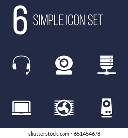 Set Of 6 Laptop Icons Set.Collection Of Record, Fan, Headset And Other Elements.