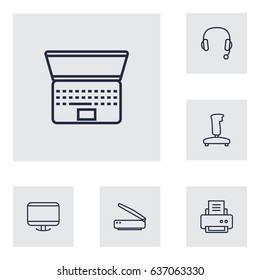 Set Of 6 Laptop Outline Icons Set.Collection Of Printer, Gamepad, Headphone And Other Elements.