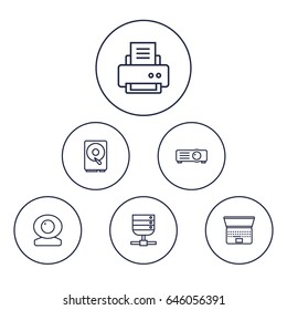 Set Of 6 Laptop Outline Icons Set. Collection Of Printer, Server, Web Cam And Other Elements.