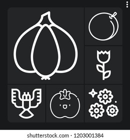 Set of 6 leaf outline icons such as peach, garlic, flowers, deformity, tomato