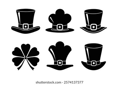 set of 6 Leprechaun hat silhouette vector cartoon illustration