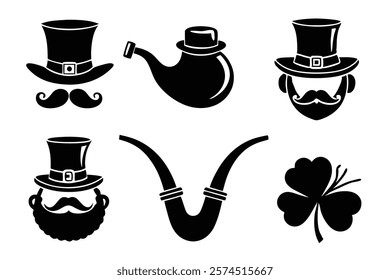 set of 6 Leprechaun pipet silhouette vector cartoon illustration