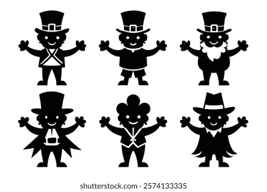 set of 6 Leprechaun silhouette vector cartoon illustration