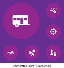 Set of 6 lifestyle icons set. Collection of camping, puzzle, hunting and other elements.