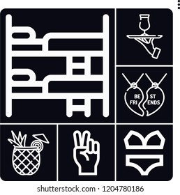 Set of 6 lifestyle outline icons such as cocktail, best friends, bikini, hand