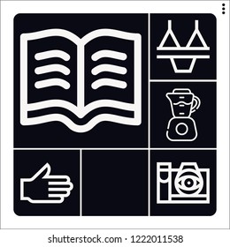 Set of 6 lifestyle outline icons such as thought camera, hand, bikini, read, blender