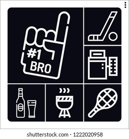 Set of 6 lifestyle outline icons such as beer, balancer, best friend, barbecue, hockey sticks