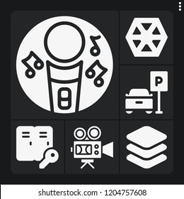 Set of 6 light filled icons such as karaoke, video camera, sith, lockers, layers