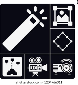 Set of 6 light filled icons such as video camera, projector, square, game, image