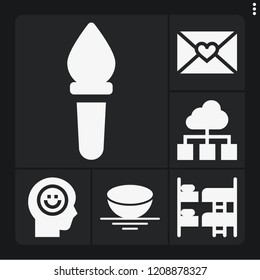 Set of 6 light filled icons such as torch, sphere, happiness, bunk, cloud