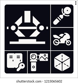Set of 6 light filled icons such as camcorder, cube, motorcycle, lockers, jack