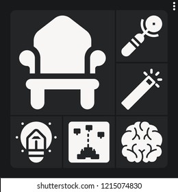 Set of 6 light filled icons such as throne, brain, game, idea, wand
