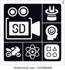 Set of 6 light filled icons such as video camera, shapes, motorcycle, big bang theory, magic