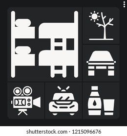 Set of 6 light filled icons such as video camera, police car, drought, water, bunk