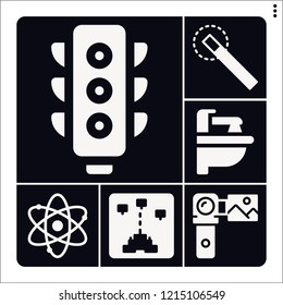Set of 6 light filled icons such as camcorder, magic wand, sink, traffic light, game
