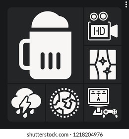 Set of 6 light filled icons such as beer, gaming, video camera, worldwide, window