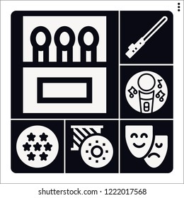 Set of 6 light filled icons such as karaoke, dragon ball, light saber, matches, bobbin