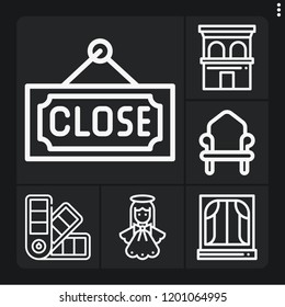 Set of 6 light outline icons such as throne, angel, close, building, window