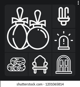 Set of 6 light outline icons such as throne, wood, lamp, christmas ball, siren
