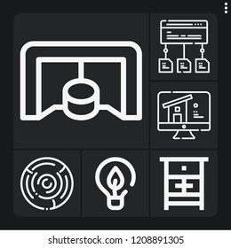 Set of 6 light outline icons such as wood, lights, hockey goal, data flow, chest of drawers