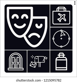 Set of 6 light outline icons such as circle, door, duty free, theater, canteen