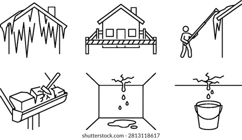 Set of 6 line art icons showing winter property maintenance and ice dam damage, including roof icicles, clearing frozen gutters, roof snow removal, and interior ceiling water leaks.