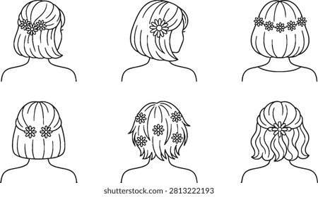 Set of 6 line art icons showing elegant women's short hairstyles, bob cuts, and wavy short hair decorated with floral accessories and flower crowns, viewed from the back.