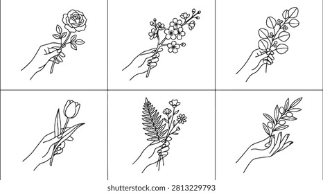 Set of 6 line art icons showing elegant feminine hands holding various botanical elements, including a blooming rose, tulip, cherry blossom, fern, eucalyptus, and olive branch.