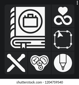 Set of 6 line filled icons such as heart, marker, manual, , eternity