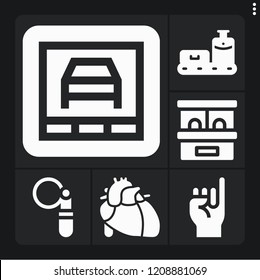 Set of 6 line filled icons such as heart, ticket office, conveyor, diagnostic, filter