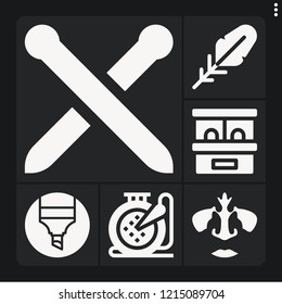 Set of 6 line filled icons such as nose, marker, ticket office, quill, embroidery