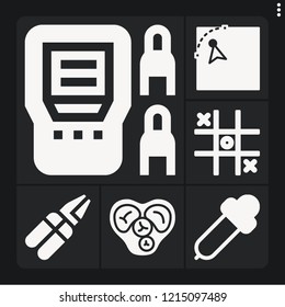 Set of 6 line filled icons such as heart, , tic tac toe, eyedropper, pliers