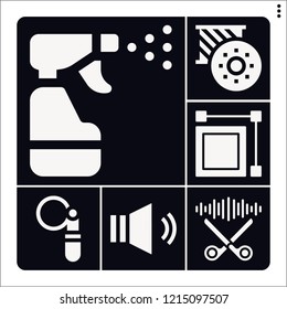 Set of 6 line filled icons such as scissors, , spray, filter, bobbin