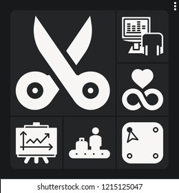 Set of 6 line filled icons such as audio, line chart, corner, conveyor, scissors