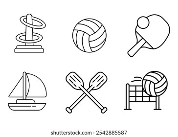 A set of 6 line icons depicting various sports and recreational activities, including ring toss, volleyball, ping pong, sailing, paddle boating, and volleyball net.