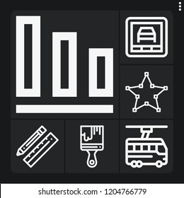 Set of 6 line outline icons such as , design, trolleybus, brush, diagnostic