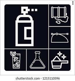 Set of 6 liquid outline icons such as gin tonic, , detergent, aerosol, barrel