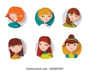 Set with 6 lovely girls heads, dressed like shop assistant, manager or helpful staff in bright clothes and name tag. Vector hand drawn illustration with different women characters in circles