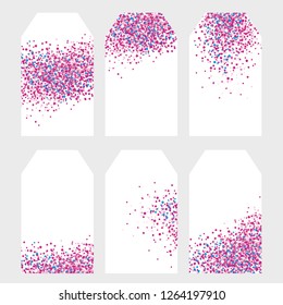 Set of 6 Lovely Party Vector Tags. Pink Tiny Confetti on a White Background. Various Bright Design. Candy Bar Labels. Do It Yourself Print Set. Delicate Pink and White Tags. 6 Pink Tags with no Text.