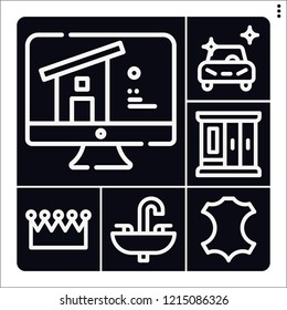 Set of 6 luxury outline icons such as leather, crown, clean car, closet, sink