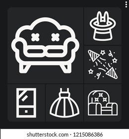 Set of 6 luxury outline icons such as party, sofa, magic, closet