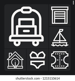 Set of 6 luxury outline icons such as sailing boat, garage, house, bikini, leather