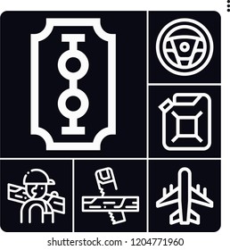 Set of 6 machine outline icons such as carpenter, saw, car oil, aeroplane, steering wheel