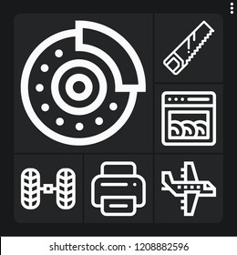 Set of 6 machine outline icons such as saw, wheel alignment, dishwasher, disc brake, aeroplane