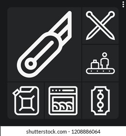 Set of 6 machine outline icons such as dishwasher, car oil, conveyor, cutter, blade