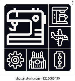 Set of 6 machine outline icons such as aeroplane, gear, machine, sewing, coffee machine