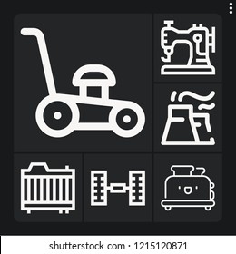 Set of 6 machine outline icons such as industry, lawn mower, radiator, chassis, toaster