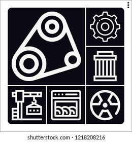 Set of 6 machine outline icons such as radiation, settings, timing belt, dishwasher, crane